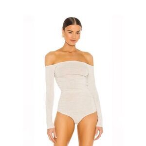 Michael Costello xREVOLVE Jace Off Shoulder Bodysuit in Oatmeal Size Small READ